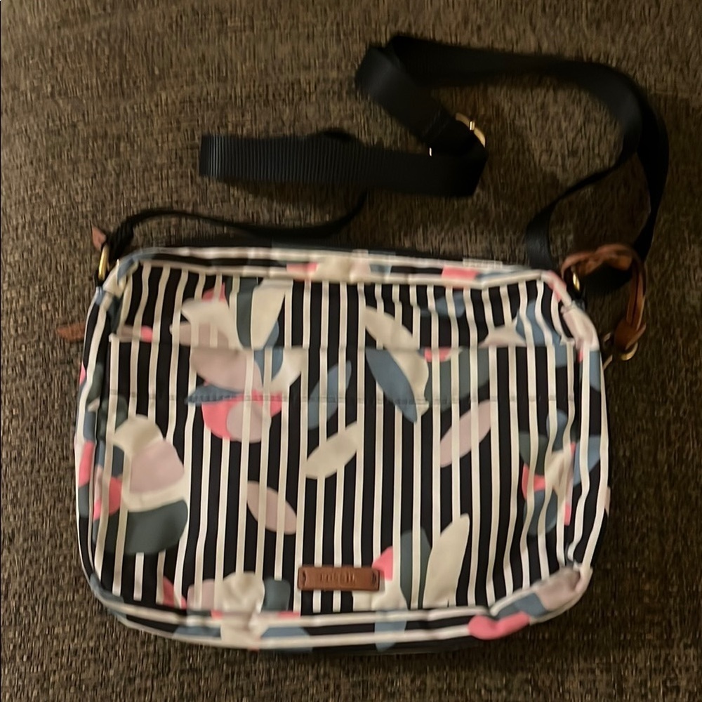 Black and White Striped Crossbody Bag with Heart Accents